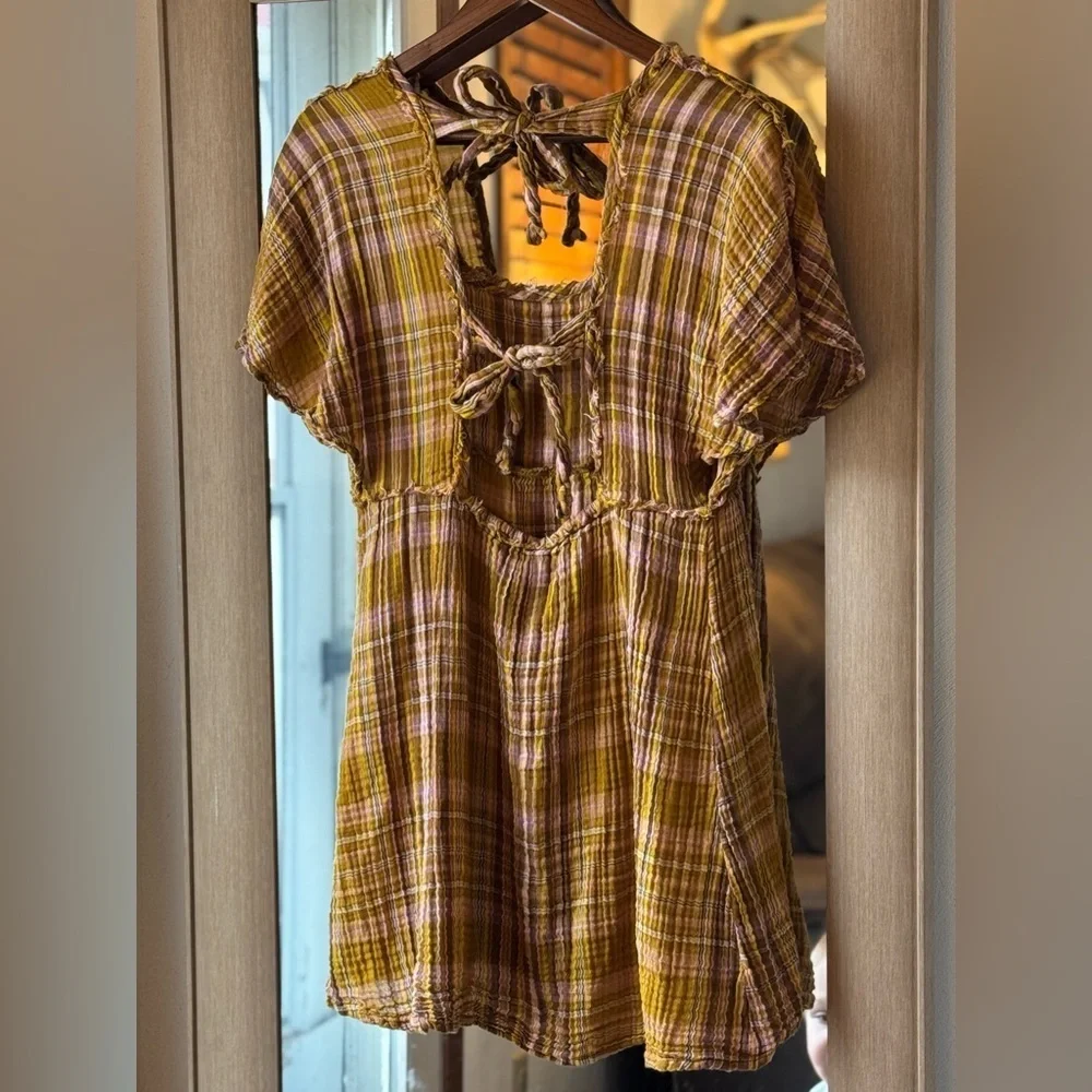 Anthropologie Plaid Mini Dress small cotton cottage core